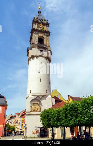 Torre dei ricchi – la torre pendente „di Bautzen“ costruita (1490-92), (pendente di 1,44 metri), Bautzen, Sassonia, Germania. Sollevato tra il 1490 e il 1492, Foto Stock