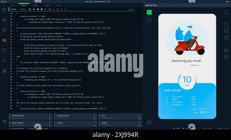 Dark Programming Interface for Mobile Applications UX, sviluppo interfaccia utente con righe di codice. Processo di codifica alla base della progettazione di app per la distribuzione alimentare. Modello per schermi di computer desktop o notebook. Foto Stock