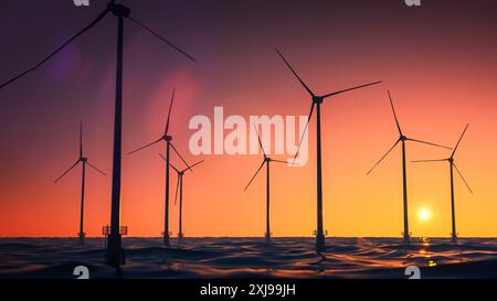 Rappresentazione 3D del parco dei mulini a vento offshore che genera elettricità. Turbine eoliche che lavorano nell'oceano e producono energia verde pulita e sostenibile per le città. Splendida alba mattutina con Vawes. Foto Stock