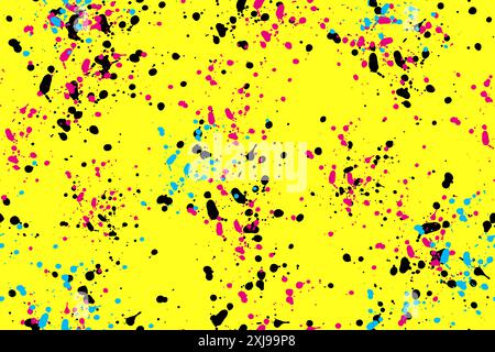 I blot sono neri, rosa, blu su sfondo giallo. Gocce astratte di vernice acquerello. Motivo senza cuciture Foto Stock