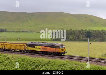 Colas Rail Freight 56105 con vagoni aggregati vuoti diretti a nord sulla West Coast Main Line vicino a Beattock, Scozia, Regno Unito. 3 luglio 2024 Foto Stock