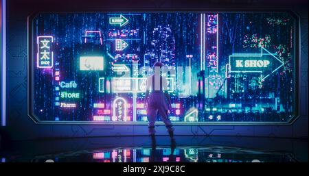 Riprese cinematografiche con un elegante modello Cosplay con capelli blu che guarda fuori dalla finestra in una futuristica città spaziale cibernetica con luci al neon. Giovane donna in una realtà aumentata Cyberpunk Foto Stock