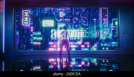 Riprese cinematografiche con un elegante modello Cosplay con capelli blu che guarda fuori dalla finestra in una futuristica città spaziale cibernetica con luci al neon. Giovane donna in una realtà aumentata Cyberpunk Foto Stock