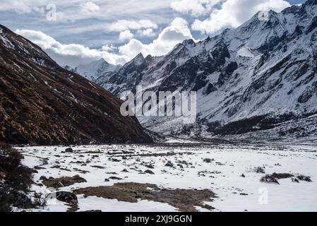 Vista sulle pianure della valle invernale ad alta quota durante il trekking di Langtang a Kyanjin Gompa, Himalaya, Nepal, Asia Copyright: CasparxSchlageter 1372-51 Foto Stock