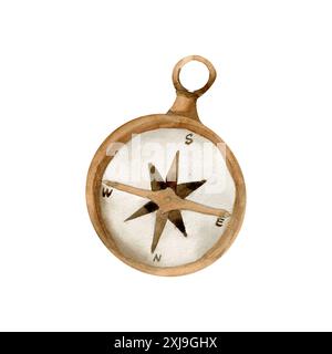 Illustrazione acquerello marino. Pace, simbolismo. Navigazione, direzioni cardinali. Punto di riferimento in beige monocromatico per club di vela, surf, boat de Foto Stock