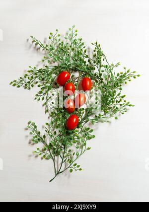 Natura morta del ramo allungato di pomodori rossi tra piccole foglie verdi su un tavolo di legno bianco. Verticale. Foto Stock