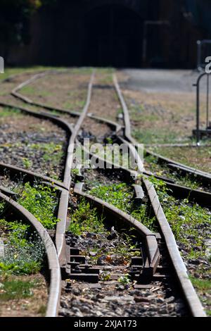 Europa, Lussemburgo, vicino a Differdange, Fond-de-Gras, conservava binari a scartamento ridotto che conducevano all'ex miniera di ferro Foto Stock