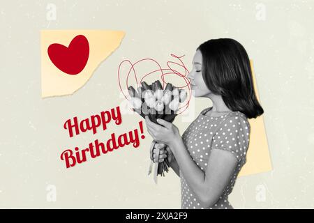 Collage fotografico di tendenza grafica schizzo composito immagine di un biglietto d'auguri di buon compleanno vintage retro, una giovane signora tiene a mano un bouquet di fiori Foto Stock