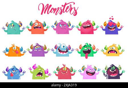 Simpatici mostri cartoni animati personaggi con espressioni diverse. Illustrazione di un alieno carino e felice. Design vettoriale di Halloween isolato Illustrazione Vettoriale
