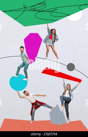 Grafica composita verticale immagine collage immagine di mini persone che ballano divertiti isolata su uno sfondo creativo Foto Stock