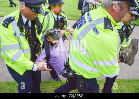 Londra, Regno Unito. 17 luglio 2024. Gli agenti di polizia arrestano un manifestante pro-Palestina del gruppo Youth Demand prima dell'apertura del Parlamento a Londra. I manifestanti si sono riuniti a Victoria Embankment Gardens e hanno pianificato di interrompere l'apertura dello Stato, secondo i loro post sui social media. Credito: SOPA Images Limited/Alamy Live News Foto Stock