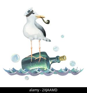 Un gabbiano marino con una pipa di tabacco e un cappello da capitano galleggia tra le onde su una bottiglia di rum di vetro. Illustrazione ad acquerello disegnata a mano. Composizione Foto Stock