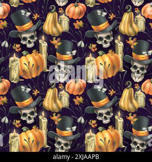 Teschi umani in cappello nero con zucche arancioni, falena, candele e foglie d'acero autunnale. Illustrazione ad acquerello disegnata a mano per Halloween. Senza interruzioni Foto Stock