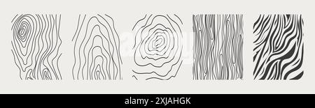 Materiale in legno scarabocchiare linea disegnata a mano. Curva geometrica del tronco d'albero e contorno dell'onda. Anelli e cerchi. . Illustrazione vettoriale Illustrazione Vettoriale