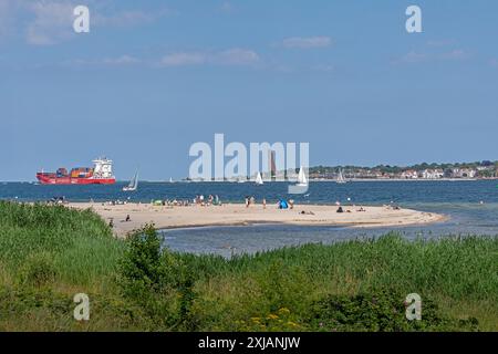 Nave portacontainer, barche a vela, People, Kiel Week, Navy Memorial, Laboe, Falckenstein Beach, Kiel Fjord, Kiel, Schleswig-Holstein, Germania Foto Stock