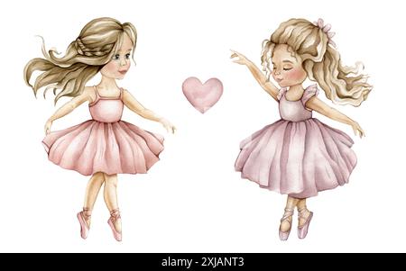 Acquerello di due ballerine danzanti in abito rosa e capelli biondi. Illustrazione disegnata a mano cuore. Giovane ballerina bambino illustrazione isolato. Carino Foto Stock