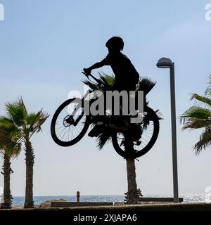 Un ragazzo che esegue una acrobazia con una bicicletta in uno skate Park a Tel Aviv, Israele Foto Stock