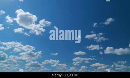 Temporizzato. Le nuvole si muovono nel cielo blu. Nuvole che corrono attraverso un cielo blu brillante. Sfondo astratto naturale. Foto Stock