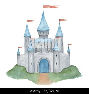 Illustrazione ad acquerello di un castello di cavalieri in blu e grigio. Castello fantasy medievale, isolato. Disegnato a mano, schizzo Foto Stock