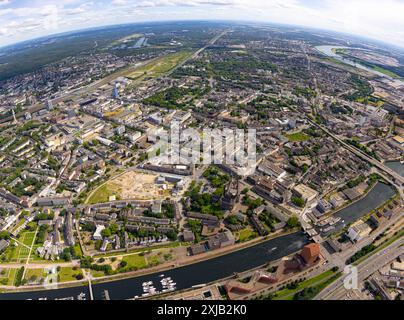 Luftbild, Stadtzentrum Mitte, Innenstadt, City, Mercator Quartier und Rathaus, Königstraße mit Blick zum Hauptbahnhof Hbf, Erdkugel, Fisheye Aufnahme, Fischaugen Aufnahme, 360 Grad Aufnahme, Tiny World, Little Planet, Fisheye Bild, Stadtzentrum Mitte, Innenstadt, città, Mercator Quartier, Duisburg, Ruhrgebiet, Nordrhein-Westfalen, Deutschland ACHTUNGxMINDESTHONORARx60xEURO *** Vista aerea, centro città, città, quartiere Mercator e municipio, Königstraße con vista sulla stazione principale Hbf, globo terrestre, immagine fisheye, immagine fisheye, immagine fisheye, immagine fisheye, immagine a 360 gradi, piccolo mondo, piccolo pianeta, fisheye ima Foto Stock