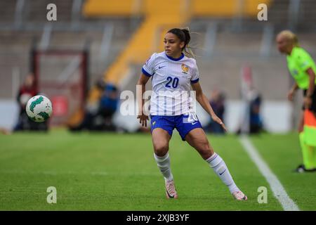 16 luglio 2024, Delphine Cascarino di Francia durante le qualificazioni a UEFA EURO 2025: Repubblica d'Irlanda 3 - Francia 1, giocata a Páirc Uí Chaoimh, Cork, Foto Stock