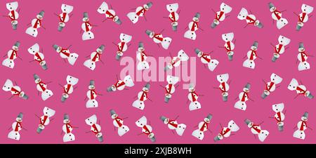 Carta da regalo minimalista. Natale, tema invernale. Un pupazzo di neve con una sciarpa rossa a maglia, un secchio sulla testa, un naso di carota Foto Stock