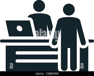 Uomo d'affari in piedi alla reception che parla con l'icona della receptionist Illustrazione Vettoriale