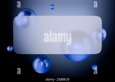 Glassmorfismo. Astratto di sfere fluttuanti blu e bianche su sfondo scuro. rendering 3d. Foto Stock
