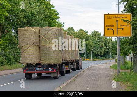 Tracor trasporta paglia, segnaletica, Burgstemmen, bassa Sassonia, Germania Foto Stock