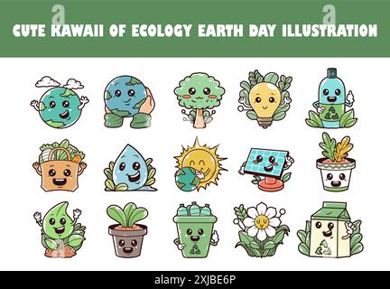 Carino kawaii dell'ecologia Earth Day, set di illustrazioni vettoriali Illustrazione Vettoriale