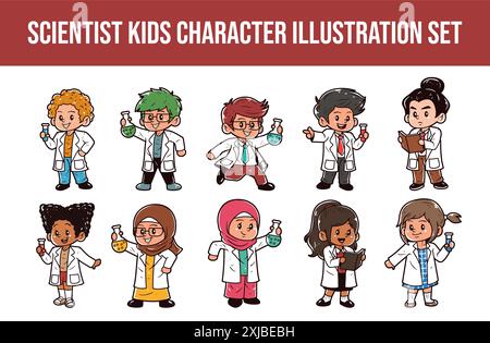 Set di illustrazioni vettoriali di personaggi per bambini scienziati Illustrazione Vettoriale