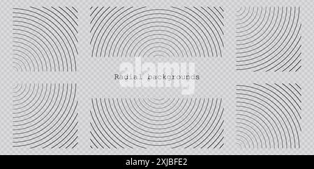 Irradiazione di onde sonore o vibrazioni circolari sulla superficie dell'acqua. Sfondi a strisce circolari o impostate. Schema radiale astratto. Quadrato e. Illustrazione Vettoriale