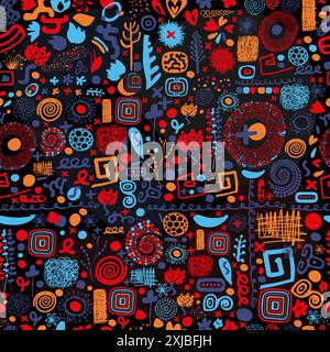 Divertente motivo a righe colorate con effetto doodle senza cuciture. Arte astratta creativa sfondo scuro . disegno a mano. Non ai, illustrazione vettoriale Illustrazione Vettoriale