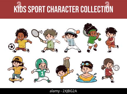 Set di illustrazioni vettoriali di personaggi sportivi per bambini Illustrazione Vettoriale