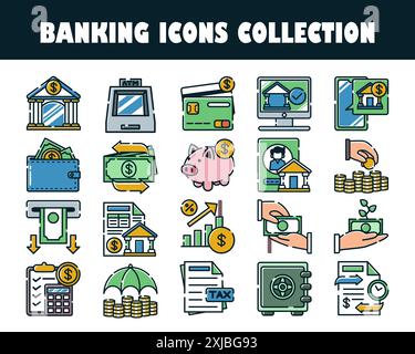 Serie di illustrazioni vettoriali delle icone bancarie Illustrazione Vettoriale