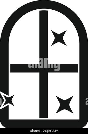 Icona in bianco e nero di una finestra ad arco con vetro rotto e stelle scintillanti Illustrazione Vettoriale