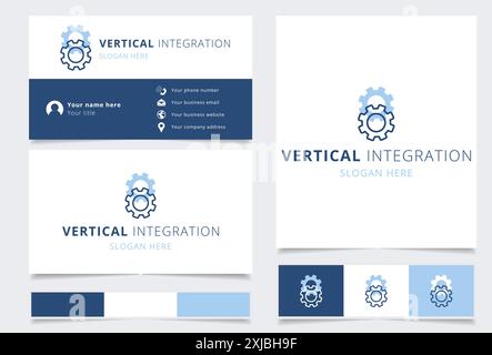 Design per biglietti da visita con ingranaggi che rappresentano l'integrazione verticale in blu e bianco Illustrazione Vettoriale