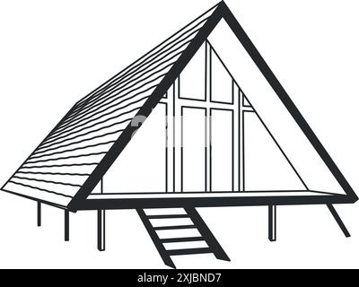 Casa con telaio ad A. Icona della linea Doodle di una piccola casa accogliente nel bosco. Illustrazione vettoriale isolata. Disegno del contorno. Illustrazione Vettoriale