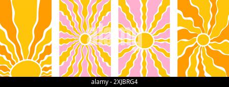 Sfondi solari astratti retrò con forme biologiche a doodle in uno stile hippie alla moda e ingenuo degli anni '60 e '70 Illustrazione Vettoriale