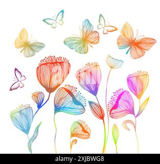 Allinea fiori colorati con farfalle. disegno a mano. Non ai, illustrazione vettoriale Illustrazione Vettoriale