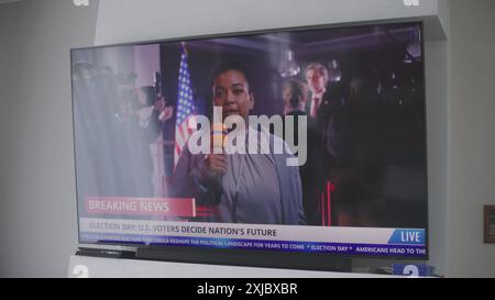 Una corrispondente afroamericana riferisce di notizie in diretta il giorno delle elezioni negli Stati Uniti. Grande schermo TV con trasmissione in diretta. Giorno delle elezioni nazionali. Dovere civico e patriottismo. Primo piano. Foto Stock