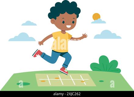 Un giovane sorridente ama giocare all'hopscotch all'aperto nel parco in una giornata di sole, mostrando divertimento all'aperto e attività. Illustrazione Vettoriale