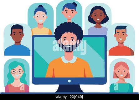 Illustrazione colorata di persone diverse che partecipano a una videoconferenza, sottolineando la comunicazione remota, la collaborazione tra team e me virtuale Illustrazione Vettoriale