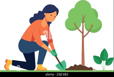 Illustrazione di una donna che piantava un albero in un giardino, simboleggiando la consapevolezza ambientale e gli sforzi di sostenibilità. Illustrazione Vettoriale