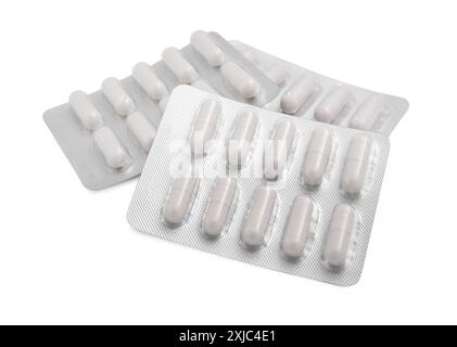 Pillole antibiotiche in blister isolate su bianco Foto Stock