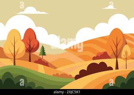 Illustrazione di un paesaggio autunnale con alberi colorati e colline ondulate sotto un cielo parzialmente nuvoloso, catturando la bellezza dell'autunno. Illustrazione Vettoriale