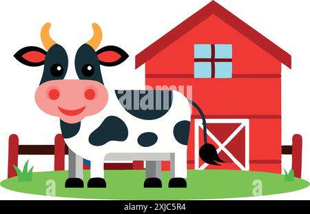 Colorato cartone animato di una vacca allegra in un fienile rosso, che rappresenta la vita agricola e l'agricoltura. Ideale per materiale didattico per bambini. Illustrazione Vettoriale