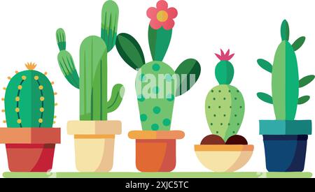 Una vivace illustrazione vettoriale con diversi tipi di cactus e succulente in vasi. Perfetto per giardinaggio, decorazione e temi legati alla natura. Illustrazione Vettoriale