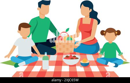 Una famiglia felice può fare un picnic all'aperto con i bambini, mangiare e un cestino da picnic in una giornata di sole. Illustrazione del tempo di famiglia. Illustrazione Vettoriale