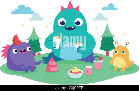 Adorabili mostri cartoni animati che si godono un picnic con spuntini in una vivace e fantastica scena forestale. Perfetto per illustrazioni per bambini e temi giocosi Illustrazione Vettoriale